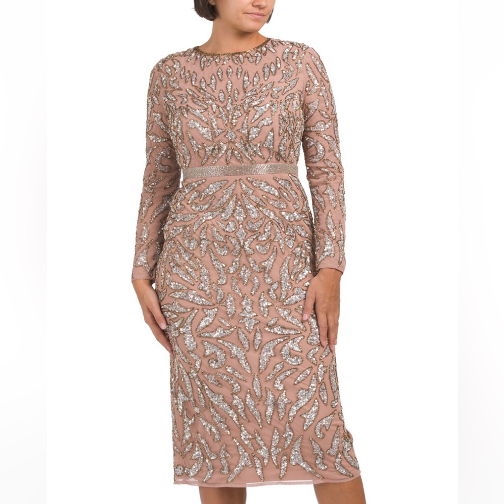 MAC DUGGAL long sleeve sequin midi dress with Ilusión size 12 color mocha